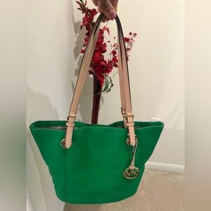 Michael Kors Vibrant Green Leather Medium Tote with Tan Handles